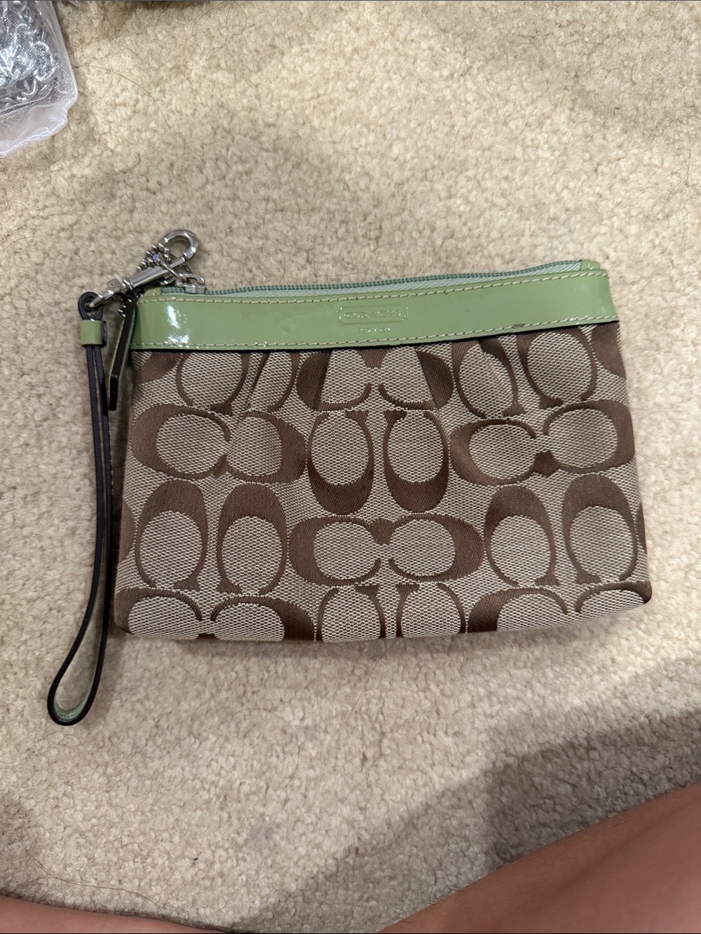 Coach Brown Signature Canvas Wristlet with Light Green Trim